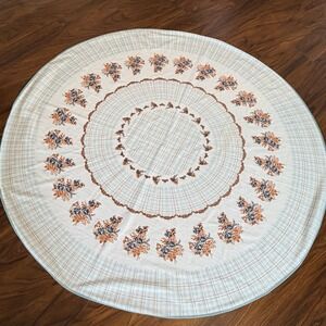 VTG Round Tablecloth 60" Floral Blue Orange Plaid Cottagecore Retro Boho
